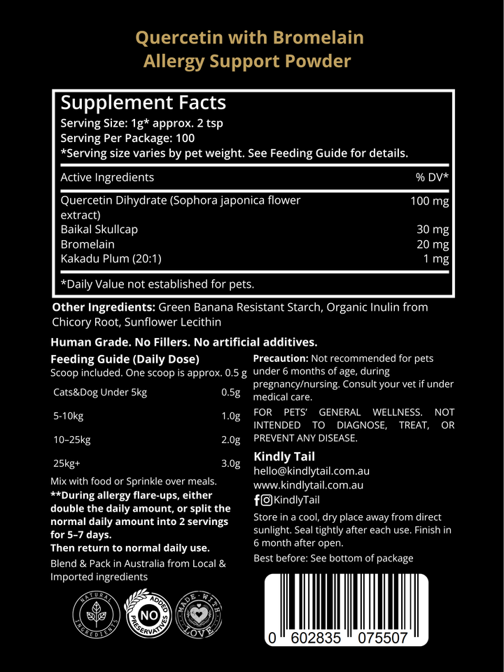 Kindly Tail Quercetin with Bromelain for Dogs & Cats -- Allergy & Itch Support